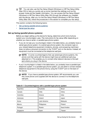 Page 87TIP:You can also use the Fax Setup Wizard (Windows) or HP Fax Setup Utility
(Mac OS) to help you quickly set up some important fax settings such as the
answer mode and fax header information. You can access the Fax Setup Wizard
(Windows) or HP Fax Setup Utility (Mac OS) through the software you installed
with the device. After you run the Fax Setup Wizard (Windows) or HP Fax Setup
Utility (Mac OS), follow the procedures in this section to complete your fax setup.
This section contains the following...