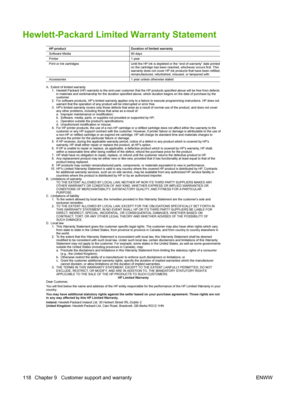 Page 128Hewlett-Packard Limited Warranty Statement
118 Chapter 9   Customer support and warranty ENWW
 