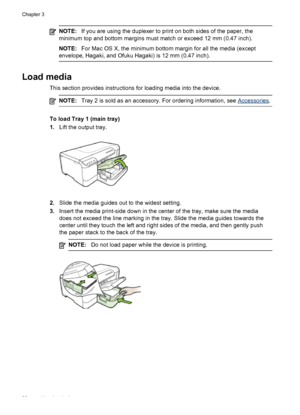 Page 26NOTE:If you are using the duplexer to print on both sides of the paper, the
minimum top and bottom margins must match or exceed 12 mm (0.47 inch).
NOTE:For Mac OS X, the minimum bottom margin for all the media (except
envelope, Hagaki, and Ofuku Hagaki) is 12 mm (0.47 inch).
Load media
This section provides instructions for loading media into the device.
NOTE:Tray 2 is sold as an accessory. For ordering information, see Accessories.
To load Tray 1 (main tray)
1.Lift the output tray.
2.Slide the media...