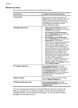 Page 36Monitor the device
This section provides instructions for monitoring the device.
Use this tool...to obtain the following information....
Control panelPress and hold for three seconds the Cancel button to obtain information about the
status of jobs that are being process, the
operating statys of the device, the status of
ink cartridges and printheads, and the
network configuration page.
Embedded Web server•Printer status information: Click the
Information tab, and then click an option
available on the...