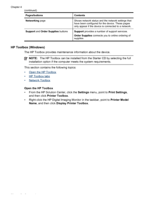 Page 40Pages/buttonsContents
Networking pageShows network status and the network settings that
have been configured for the device. These pages
only appear if the device is connected to a network.
Support and Order Supplies buttonsSupport provides a number of support services.
Order Supplies connects you to online ordering of
supplies.
HP Toolbox (Windows)
The HP Toolbox provides maintenance information about the device.
NOTE:The HP Toolbox can be installed from the Starter CD by selecting the full
installation...