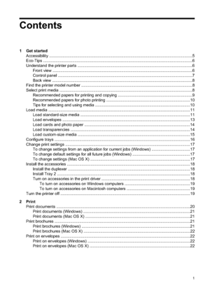 Page 5
Contents
1 Get startedAccessibility ................................................................................................................. ..............5
Eco-Tips ...................................................................................................................... ...............6
Understand the printer parts .................................................................................................. ....6
Front view...