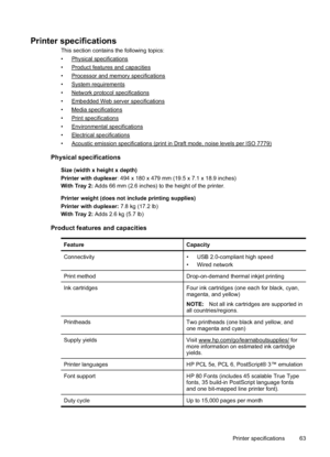 Page 67
Printer specifications
This section contains the following topics:
•
Physical specifications
•
Product features and capacities
•
Processor and memory specifications
•
System requirements
•
Network protocol specifications
•
Embedded Web server specifications
•
Media specifications
•
Print specifications
•
Environmental specifications
•
Electrical specifications
•
Acoustic emission specifications (print in Draft mode, noise levels per ISO 7779)
Physical specifications
Size (width x height x depth)
Printer...