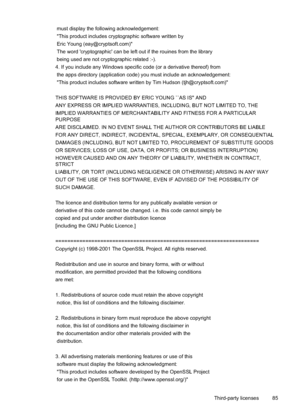 Page 89
 must display the following acknowledgement:
 "This product includes cryptographic software written by
 Eric Young (eay@cryptsoft.com)"
 The word 'cryptographic' can be left out if the rouines from the library
 being used are not cryptographic related :-).
4. If you include any Windows specific code (or a derivative thereof) from 
 the apps directory (application code) you must include an acknowledgement:
 "This product includes software written by Tim Hudson...