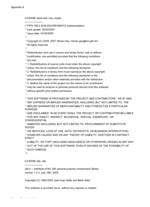 Page 92
LICENSE.sha2-bsd--nos_crypto
---------------------
/* FIPS 180-2 SHA-224/256/384/512 implementation
 * Last update: 02/02/2007
 * Issue date: 04/30/2005
 *
 * Copyright (C) 2005, 2007 Olivier Gay 
 * All rights reserved.
 *
 * Redistribution and use in source and binary forms, with or without
 * modification, are permitted provided that the following conditions
 * are met:
 * 1. Redistributions of source code must retain the above copyright
 * notice, this list of conditions and the following...