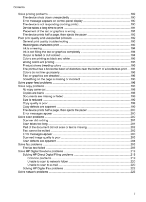 Page 11Solve printing problems ........................................................................................................189
The device shuts down unexpectedly .............................................................................190
Error message appears on control-panel display ............................................................ 190
The device is not responding (nothing prints) .................................................................190
Device takes a long time to print...