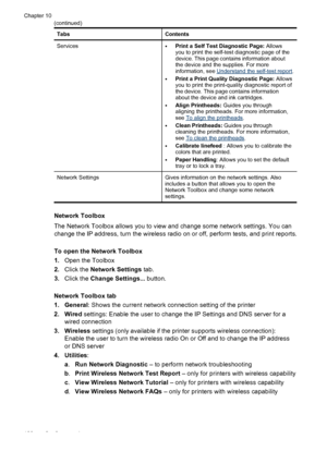 Page 124TabsContents
Services•Print a Self Test Diagnostic Page: Allows
you to print the self-test diagnostic page of the
device. This page contains information about
the device and the supplies. For more
information, see 
Understand the self-test report .
•Print a Print Quality Diagnostic Page:  Allows
you to print the print-quality diagnostic report of
the device. This page contains information
about the device and ink cartridges.
•Align Printheads:  Guides you through
aligning the printheads. For more...