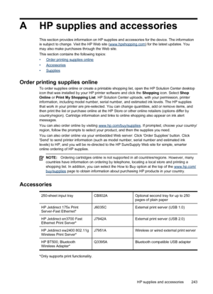 Page 247AHP supplies and accessories
This section provides information on HP supplies and accessories for the device. The information
is subject to change. Visit the HP Web site (www.hpshopping.com ) for the latest updates. You
may also make purchases through the Web site.
This section contains the following topics:
•
Order printing supplies online
•
Accessories
•
Supplies
Order printing supplies online
To order supplies online or create a printable shopping list, open the HP Solution Center desktop
icon that...