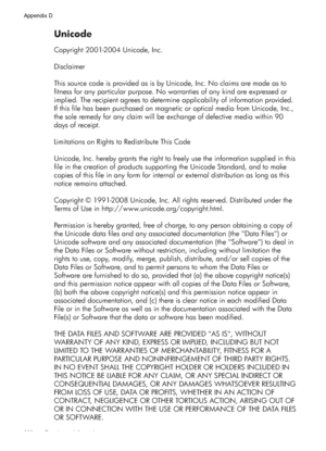 Page 292Unicode
Copyright 2001-2004 Unicode, Inc.
Disclaimer
This source code is provided as is by Unicode, Inc. No claims are made as to 
fitness for any particular purpose. No warranties of any kind are expressed or 
implied. The recipient agrees to determine applicability of information provided. 
If this file has been purchased on magnetic or optical media from Unicode, Inc., 
the sole remedy for any claim will be exchange of defective media within 90 
days of receipt.
Limitations on Rights to Redistribute...