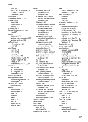 Page 301slow 201
Start Color Scan button 18
to memory card 52
troubleshoot 200
Scan menu 25
Scan Menu button 18, 20
scanner glass clean 184
load originals 32
locating 14
schedule fax 79
Secure Digital memory card insert 67
security Bluetooth 171
wireless communication 167
wireless settings 163
self-test report information on 124
print 125
send faxes basic fax 76
color fax 80
manually 76
memory, from 78
monitor dialing 77, 78, 79
multiple recipients 80
schedule 79
troubleshoot 211, 213, 216
send scans for OCR 54...