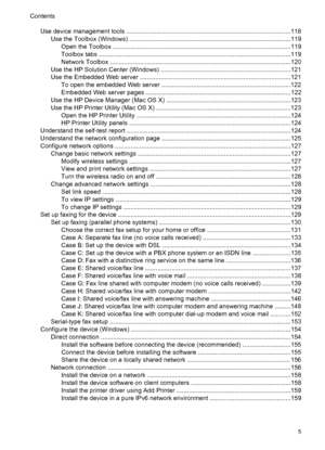 Page 9Use device management tools .............................................................................................118Use the Toolbox (Windows) ............................................................................................119Open the Toolbox .....................................................................................................119
Toolbox tabs .............................................................................................................119
Network Toolbox...