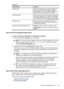 Page 127Pages/buttonsContents
Settings pageShows the settings that have been configured for
the device and gives you the ability to change
these settings. You can also save the settings and
restore them if the device loses the settings.
Networking pageShows network status and the network settings that
have been configured for the device. These pages
only appear if the device is connected to a network.
For more information, see 
Configure network options.
Bluetooth pageShows the Bluetooth settings that have been...