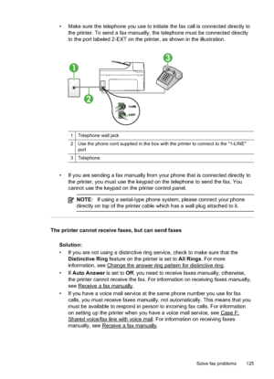 Page 129
• Make sure the telephone you use to initiate the fax call is connected directly tothe printer. To send a fax manually, the telephone must be connected directly
to the port labeled 2-EXT on the printer, as shown in the illustration.
1
2
3
1Telephone wall jack
2Use the phone cord supplied in the box with the printer to connect to the "1-LINE"
port
3Telephone
• If you are sending a fax manually from your phone that is connected directly tothe printer, you must use the keypad on the telephone to...