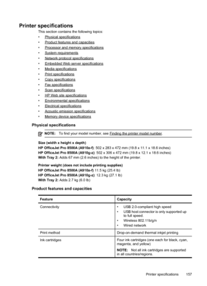 Page 161
Printer specifications
This section contains the following topics:
•
Physicalspecifications
•
Productfeaturesandcapacities
•
Processorandmemoryspecifications
•
Systemrequirements
•
Networkprotocolspecifications
•
EmbeddedWebserverspecifications
•
Mediaspecifications
•
Printspecifications
•
Copyspecifications
•
Faxspecifications
•
Scanspecifications
•
HPWebsitespecifications
•
Environmentalspecifications
•
Electricalspecifications
•
Acousticemissionspecifications
•
Memorydevicespecifications
Physical...