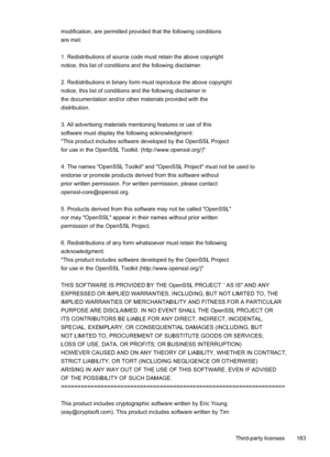 Page 187
modification, are permitted provided that the following conditions 
are met: 
1. Redistributions of source code must retain the above copyright 
notice, this list of conditions and the following disclaimer.  
2. Redistributions in binary form must reproduce the above copyright
notice, this list of conditions and the following disclaimer in 
the documentation and/or other materials provided with the 
distribution. 
3. All advertising materials mentioning features or use of this
software must display the...