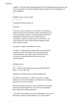 Page 190
* LIABILITY, OR TORT (INCLUDING NEGLIGENCE OR OTHERWISE) ARISING IN ANY WAY 
* OUT OF THE USE OF THIS SOFTWARE, EVEN IF ADVISED OF THE POSSIBILITY OF 
* SUCH DAMAGE. 
*/ 
LICENSE.unicode--jm_share_folder 
---------------------
/* 
* Copyright 2001-2004 Unicode, Inc. 
*
* Disclaimer
*
* This source code is provided as is by Unicode, Inc. No claims are
* made as to fitness for any particular purpose. No warranties of any 
* kind are expressed or implied. The recipient agrees to determine 
* applicability...