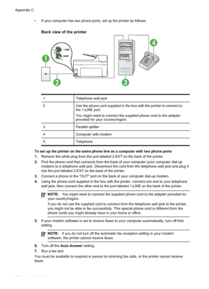 Page 216
• If your computer has two phone ports, set up the printer as follows:
Back view of the printer
1
23
4
1Telephone wall jack
2Use the phone cord supplied in the box with the printer to connect to
the 1-LINE port
You might need to connect the supplied phone cord to the adapter
provided for your country/region.
3Parallel splitter
4Computer with modem
5Telephone
To set up the printer on the same phone line as a computer with two phone ports
1.Remove the white plug from the port labeled 2-EXT on the back of...