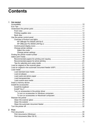 Page 5
Contents
1 Get startedAccessibility ................................................................................................................. ...........10
Eco-Tips ...................................................................................................................... ...........11
Understand the printer parts .................................................................................................. .11
Front view...