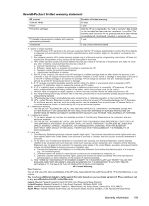 Page 163Hewlett-Packard limited warranty statement
A.  Extent of limited warranty
    1.  Hewlett-Packard (HP) warrants to the end-user customer that the HP products specified above will be free from defects in materials and workmanship for the duration specified above, which dur\ﻣation begins on the date of purchase by the 
customer.
    2.  For software products, HP’s limited warranty applies only to a failure to execute programming inst\ﻣructions. HP does not  warrant that the operation of any product will be...