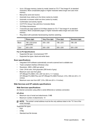 Page 173• Up to 120-page memory (varies by model, based on ITU-T Test Image #1 at standardresolution). More complicated pages or higher resolution takes longer and uses more
memory.
• Manual fax send and receive.
• Automatic busy redial up to five times (varies by model).
• Automatic no-answer redial one time (varies by model).
• Confirmation and activity reports.
• CCITT/ITU Group 3 fax with Error Correction Mode.
• 33.6 Kbps transmission.
• 3 seconds per page speed at 33.6 Kbps (based on ITU-T Test Image #1 at...