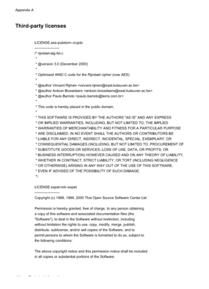 Page 188Third-party licenses
LICENSE.aes-pubdom--crypto
---------------------
/* rijndael-alg-fst.c
 *
 * @version 3.0 (December 2000)
 *
 * Optimised ANSI C code for the Rijndael cipher (now AES)
 *
 * @author Vincent Rijmen 
 * @author Antoon Bosselaers 
 * @author Paulo Barreto 
 *
 * This code is hereby placed in the public domain.
 *
 * THIS SOFTWARE IS PROVIDED BY THE AUTHORS ''AS IS'' AND ANY EXPRESS
 * OR IMPLIED WARRANTIES, INCLUDING, BUT NOT LIMITED TO, THE IMPLIED
 * WARRANTIES OF...