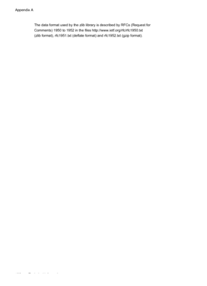 Page 196The data format used by the zlib library is described by RFCs (Request for
Comments) 1950 to 1952 in the files http://www.ietf.org/rfc/rfc1950.txt
(zlib format), rfc1951.txt (deflate format) and rfc1952.txt (gzip format).
Appendix A
192 Technical information
 