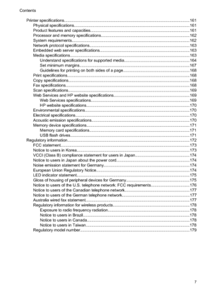 Page 11Printer specifications..............................................................................................................161
Physical specifications......................................................................................................16 1
Product features and capacities.......................................................................................161
Processor and memory specificat ions..............................................................................162...