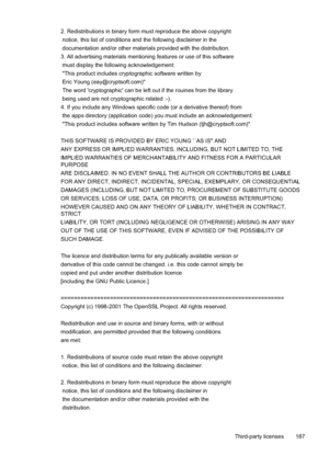 Page 1912. Redistributions in binary form must reproduce the above copyright
 notice, this list of conditions and the following disclaimer in the
 documentation and/or other materials provided with the distribution.
3. All advertising materials mentioning features or use of this software
 must display the following acknowledgement:
 "This product includes cryptographic software written by
 Eric Young (eay@cryptsoft.com)"
 The word 'cryptographic' can be left out if the rouines from the library...