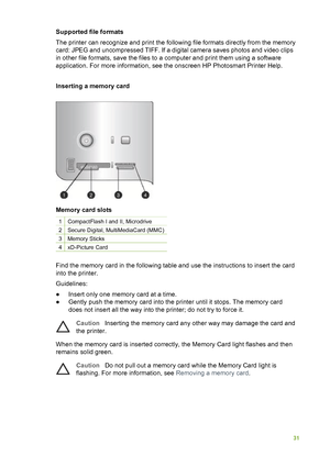 Page 35Supported file formats    
The printer can recognize and print the following file formats directly from the memory
card: JPEG and uncompressed TIFF. If a digital camera saves photos and video clips
in other file formats, save the files to  a computer and print them using a software
application. For more information, see the onscreen HP Photosmart Printer Help.
Inserting a memory card   
Memory card slots
1CompactFlash I and II, Microdrive
2Secure Digital, MultiMediaCard (MMC)
3Memory Sticks
4xD-Picture...