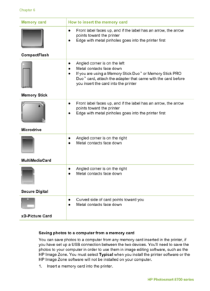 Page 36Memory cardHow to insert the memory card
CompactFlash
●Front label faces up, and if the label has an arrow, the arrow
points toward the printer
● Edge with metal pinholes goes into the printer first
Memory Stick
●Angled corner is on the left
● Metal contacts face down
● If you are using a Memory Stick Duo
™ or Memory Stick PRO
Duo™ card, attach the adapter that came with the card before
you insert the card into the printer
Microdrive
● Front label faces up, and if the label has an arrow, the arrow
points...