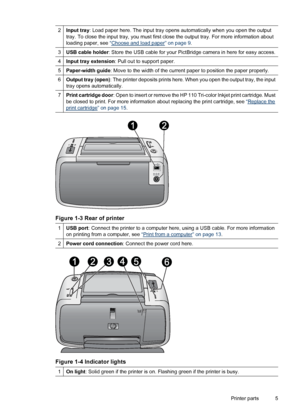 Page 72Input tray: Load paper here. The input tray opens automatically when you open the output
tray. To close the input tray, you must first close the output tray. For more information about
loading paper, see “
Choose and load paper” on page 9.
3USB cable holder: Store the USB cable for your PictBridge camera in here for easy access.
4Input tray extension: Pull out to support paper.
5Paper-width guide: Move to the width of the current paper to position the paper properly.
6Output tray (open): The printer...