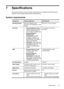 Page 377 Specifications
This section lists the minimum system requirements for installing the HP Photosmart
software, and provides selected printer specifications.
System requirements
ComponentWindows MinimumMac Minimum
Operating SystemMicrosoft® Windows Vista,
XP Home, XP Professional, or x64
EditionMac OS X v10.3.9 or greater
Processor•Microsoft Windows Vista: A
modern 800 MHz 32-bit (x86)
or 64-bit (x64) processor (1
GHz or higher recommended)
•Microsoft Windows
XP Home & XP
Professional: Any Intel
®...