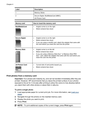 Page 18LabelDescription
1Memory Sticks
2Secure Digital, MultiMediaCard (MMC)
xD-Picture Card
Memory cardHow to insert the memory card
MultiMediaCard•Angled corner is on the right
•Metal contacts face down
Secure Digital•Angled corner is on the right
•Metal contacts face down
•If you are using a miniSD card, attach the adapter that came with
the card before you insert the card into the printer
Memory Stick•Angled corner is on the left
•Metal contacts face down
•If you are using a Memory Stick Duo™ or Memory...