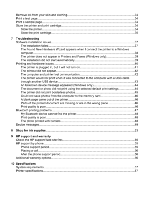 Page 4Remove ink from your skin and clothing...................................................................................34
Print a test page.......................................................................................................................34
Print a sample page..................................................................................................................34
Store the printer and print...