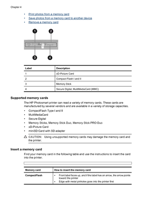 Page 23•Print photos from a memory card
•
Save photos from a memory card to another device
•
Remove a memory card
LabelDescription
1xD-Picture Card
2Compact Flash I and II
3Memory Stick
4Secure Digital, MultiMediaCard (MMC)
Supported memory cards
The HP Photosmart printer can read a variety of memory cards. These cards are
manufactured by several vendors and are available in a variety of storage capacities.
• CompactFlash Type I and II
• MultiMediaCard
• Secure Digital
• Memory Sticks, Memory Stick Duo, Memory...