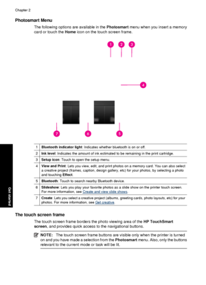 Page 14Photosmart Menu
The following options are available in the Photosmart menu when you insert a memory
card or touch the  Home icon on the touch screen frame.
1Bluetooth indicator light : Indicates whether bluetooth is on or off.
2Ink level: Indicates the amount of ink estimated to be remaining in the print cartridge.
3Setup icon : Touch to open the setup menu.
4View and Print : Lets you view, edit, and print photos on  a memory card. You can also select
a creative project (frames, caption, design galle ry,...