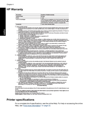 Page 24HP Warranty
Printer specifications
For a complete list of specifications, see the online Help. For help on accessing the online
Help, see “
Find more information” on page 22.
Chapter 4
24 HP Photosmart A820 series
English
 