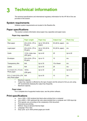 Page 383Technical information
The technical specifications and international regulatory information for the HP All-in-One are
provided in this section.
System requirements
Software system requirements are located in the Readme file.
Paper specifications
This section contains information about  paper tray capacities and paper sizes.
Paper tray capacities
TypePaper weightPaper tray*Output tray†Photo tray*
Plain paper20 to 24 lb. (75 to
90 gsm)Up to 100 (20 lb.
paper)50 (20 lb. paper)n/a
Legal paper20 to 24 lb....