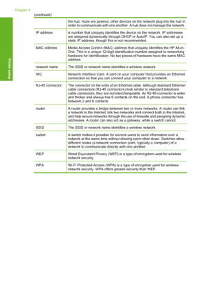 Page 31
the hub. Hubs are passive; other devices on the network plug into the hub in
order to communicate with one another. A hub does not manage the network.
IP addressA number that uniquely identifies the device on the network. IP addresses
are assigned dynamically through DHCP or AutoIP. You can also set up a
static IP address, though this is not recommended.
MAC addressMedia Access Control (MAC) address that uniquely identifies the HP All-in-
One. This is a unique 12-digit identification number assigned to...