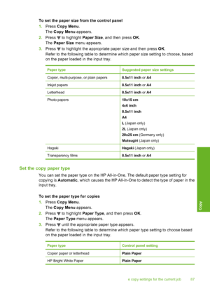 Page 88
To set the paper size from the control panel
1.Press  Copy Menu .
The  Copy Menu  appears.
2. Press 
 to highlight  Paper Size, and then press  OK.
The  Paper Size  menu appears.
3. Press 
 to highlight the appropriate paper size and then press  OK.
Refer to the following table to determine  which paper size setting to choose, based
on the paper loaded in the input tray.
Paper typeSuggested paper size settings
Copier, multi-purpose, or plain papers8.5x11 inch  or A4
Inkjet papers8.5x11 inch  or A4...