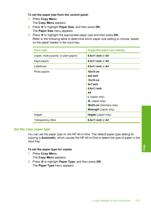 Page 124
To set the paper size from the control panel
1.Press  Copy Menu .
The  Copy Menu  appears.
2. Press 
 to highlight  Paper Size, and then press  OK.
The  Paper Size  menu appears.
3. Press 
 to highlight the appropriate paper size and then press  OK.
Refer to the following table to determine  which paper size setting to choose, based
on the paper loaded in the input tray.
Paper typeSuggested paper size settings
Copier, multi-purpose, or plain papers8.5x11 inch  or A4
Inkjet papers8.5x11 inch  or A4...