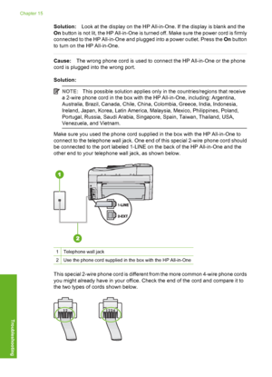 Page 221
Solution:Look at the display on the HP All-in-One. If the display is blank and the
On  button is not lit, the HP All-in-One is turned off. Make sure the power cord is firmly
connected to the HP All-in-One and plugged into a power outlet. Press the  On button
to turn on the HP All-in-One.
Cause: The wrong phone cord is used to connect the HP All-in-One or the phone
cord is plugged into the wrong port.
Solution:
NOTE: This possible solution applies only in the countries/regions that receive
a 2-wire phone...