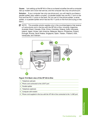 Page 248
Cause:I am setting up the HP All-in-One on a shared voice/fax line with a computer
dial-up modem and voice mail service, and the computer has only one phone port.
Solution: If your computer has only one phone port, you will need to purchase a
parallel splitter (also called a coupler). (A parallel splitter has one RJ-11 port on the
front and two RJ-11 ports on the back. Do not use a 2-line phone splitter, a serial
splitter, or a parallel splitter which has two RJ-11 ports on the front and a plug on the...