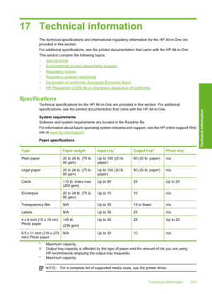 Page 288
17 Technical information
The technical specifications and international regulatory information for the HP All-in-One are
provided in this section.
For additional specifications, see  the printed documentation that came with the HP All-in-One.
This section contains  the following topics:
•
Specifications
•
Environmental product stewardship program
•
Regulatory notices
•
Regulatory wireless statements
•
Declaration of conformity (European Economic Area)
•
HP Photosmart C7200 All-in-One se ries declaration...