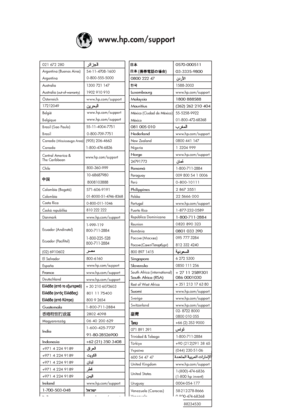 Page 2www.hp.com/support
Australia
Australia 
(out-of-warranty)
Central America & 
The Caribbean 
Colombia (Bogotá)
Colombia1300 721 147
1902 910 910 
0-800-709-7751
(02) 6910602 México (Ciudad de México)  
New Zealand
Puerto Rico
Sverige México 1588-3003
0800 441 147 www.hp.com/support
02- 8722 8000 Ni geria1 3204 999 Argentina (Buenos Aires) 
Argentina54-11-4708-1600
0-800-555-5000www.hp.com/support
1-999-119 
800-711-2884 Costa Rica
800-6160
Deutschland55-5258-9922
01-800-472-68368
071 891 391 Rest of West...