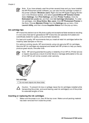 Page 17Paper typeHow to loadTray to load
3. Load paper with the side to
be printed facing down.
Check that the stack of
paper is no higher than the
top of the paper-length
guide.
4. Adjust the paper-width and
paper-length guides inward
until they stop at the edges
of the paper.
5. Push the main tray all the
way in.
Load paper and adjust guides inward
1Paper-width guide
2Paper-length guide
Push in the main tray
1Push in the main tray all the way
Photo paper up to
10 x 15 cm
(4 x 6 inch) with or
without tabs,...