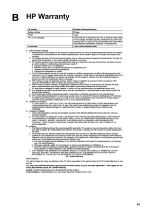 Page 68CategorySpecifications
Paper tray capacityMain tray
100 sheets of plain paper
14 envelopes
20–40 cards (depending on thickness)
30 sheets of labels
25 transparencies, iron-on transfers, or photo paper
10 sheets of photo paper
Photo tray
Output tray
20 sheets of photo paper
50 sheets of plain paper
10 cards or envelopes
25 sheets of labels or iron-on transfers
Operating environmentRecommended temperature range: 15–30 °C (59-86 °F)
Maximum temperature range: 5–40 °C (41-104 °F)
Storage temperature range:...