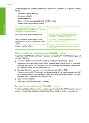 Page 31
The advantages of a wireless infrastructure network as compared to an ad hoc network
include:
•Advanced network security
• Enhanced reliability
• Network flexibility
• Better performance, especially with 802.11 g mode
• Shared Broadband Internet access
To set up the HP Photosmart on an
integrated wireless WLAN 802.11 network,
you need to do the following:See this section:
First, collect all of the required materials.“What you need for an integrated wirelessWLAN 802.11 network” on page 30
Next, connect...