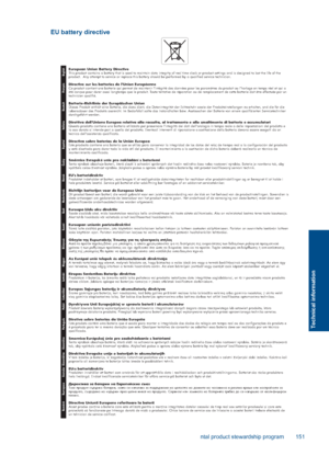 Page 154EU battery directive
European Union Battery DirectiveThis product contains a battery that is used to maintain data integrity of real time clock or product settings and is designed to last the life of the product.  Any attempt to service or replace this battery should be performed by a qualified service technician.
Directive sur les batteries de l'Union EuropéenneCe produit contient une batterie qui permet de maintenir l'intégrité des données pour les paramètres du produit ou l'horloge en...