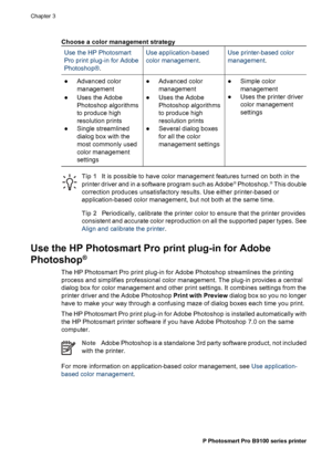 Page 29Choose a color management strategy
Use the HP Photosmart
Pro print plug-in for Adobe
Photoshop®.
Use application-based
color management.Use printer-based color
management.
●Advanced color
management
●Uses the Adobe
Photoshop algorithms
to produce high
resolution prints
●Single streamlined
dialog box with the
most commonly used
color management
settings●Advanced color
management
●Uses the Adobe
Photoshop algorithms
to produce high
resolution prints
●Several dialog boxes
for all the color
management...